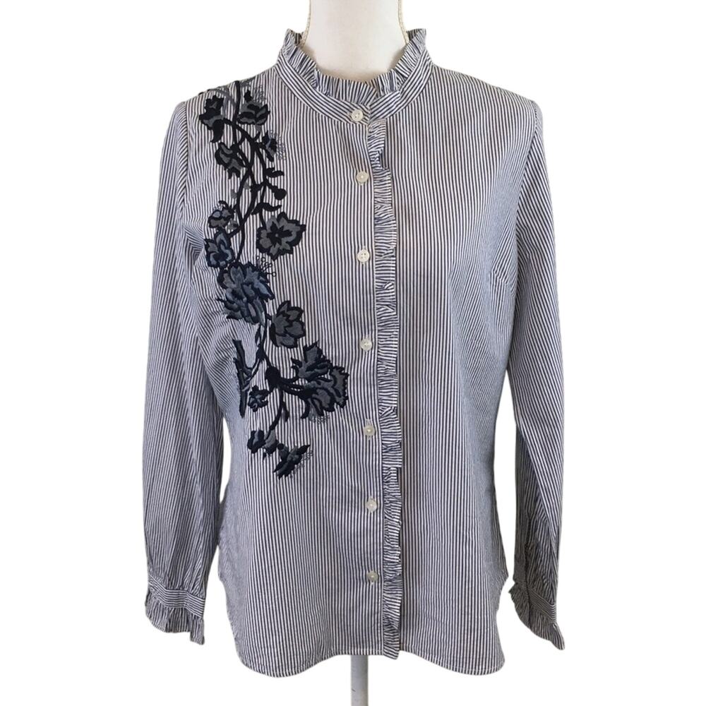 Crown & Ivy Stripe Blouse With Floral Embroidery Size Medium